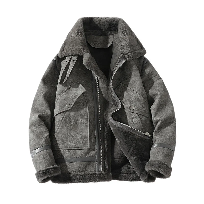 Fashion Lamb Wool Coat Men's Fur Integrated Lapel Workwear Jacket Winter Loose Thick Warm-Keeping Cotton Clothing Tide