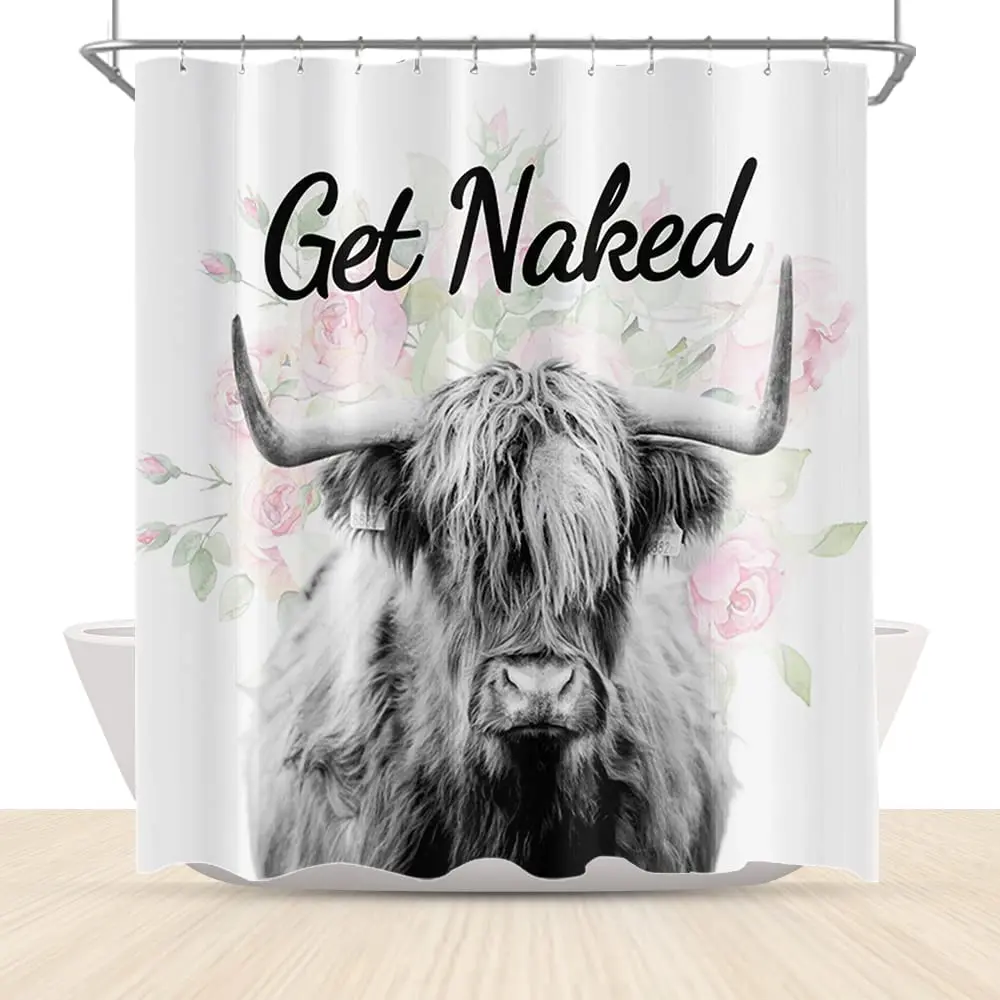 

Highland Cow Shower Curtains Farmhouse Style Funny Get Naked Bathroom Curtain with Farm Animal Cattle Bull Cow Floral Decoration