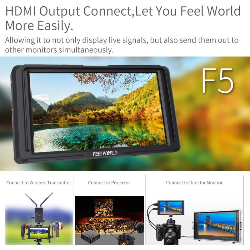 

Накамерный монитор FEELWORLD F5 5 дюймов, маленький Full HD 1920x108 0 IPS видео, помощник в фокусировке с 4K HDMI 8,4 V DC Ou