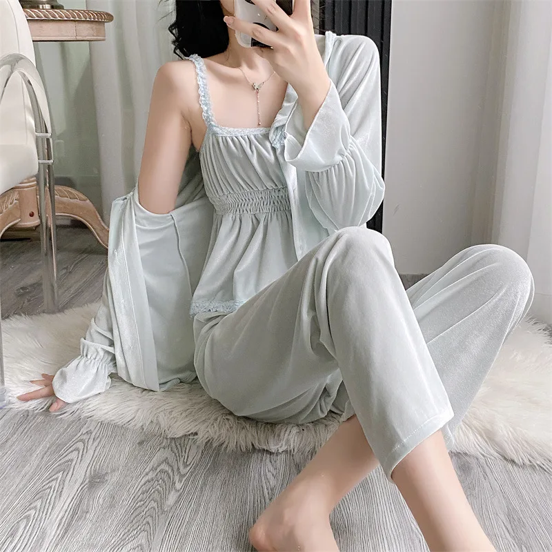 Женский теплый велюровый комплект брюк из 3 предметов теплая бархатная ночная