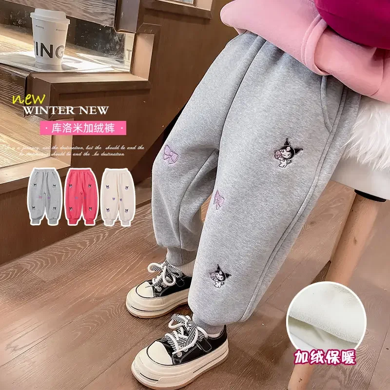 Милые бархатные брюки Sanrio kawaii Kuromi с вышивкой для девочек на осень и зиму модные
