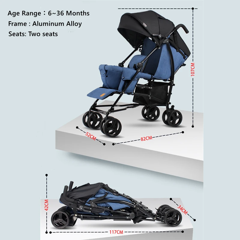 Two Seats Stroller Lightweight Portable Double Stroller For Two Kids Babies Pram Trolley Foldable Umbrella Twins Stroller enlarge