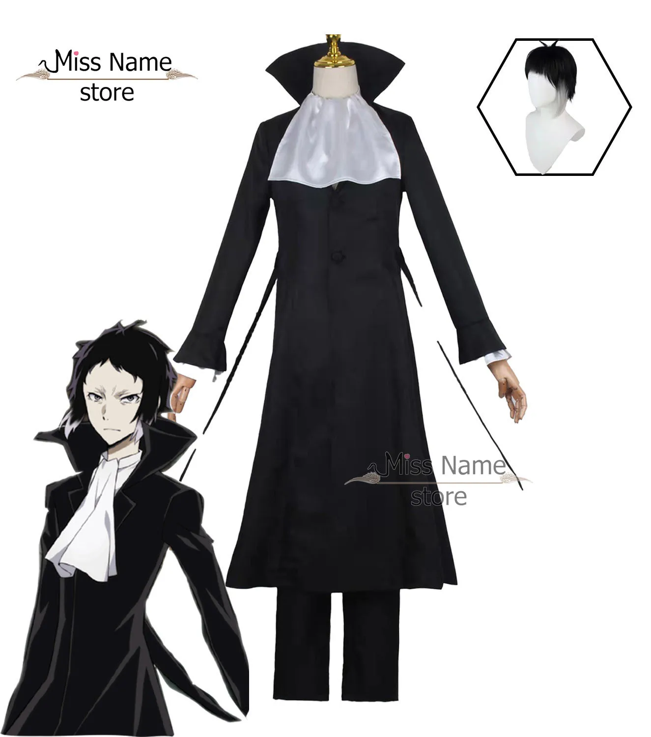 

Ryunosuke Akutagawa Cosplay Anime Bungo Stray Dogs Costume Trench and Uniform Suits Halloween Costume Ryuunosuke Wig Headwear