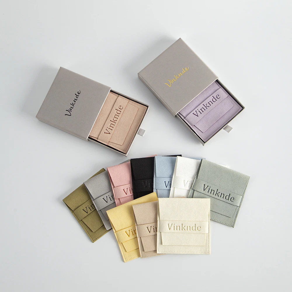 Packaging Jewelry Box With Pouch Custom Logo 9x9x1.7cm Grey Paper Box Drawer Jewelry Packaging Suede Bags And Boxes With Insert