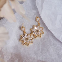 new vintage gold plated hollow out flower drop earrings for women shine marquise cz stone inlay retro fashion jewelry party gift
