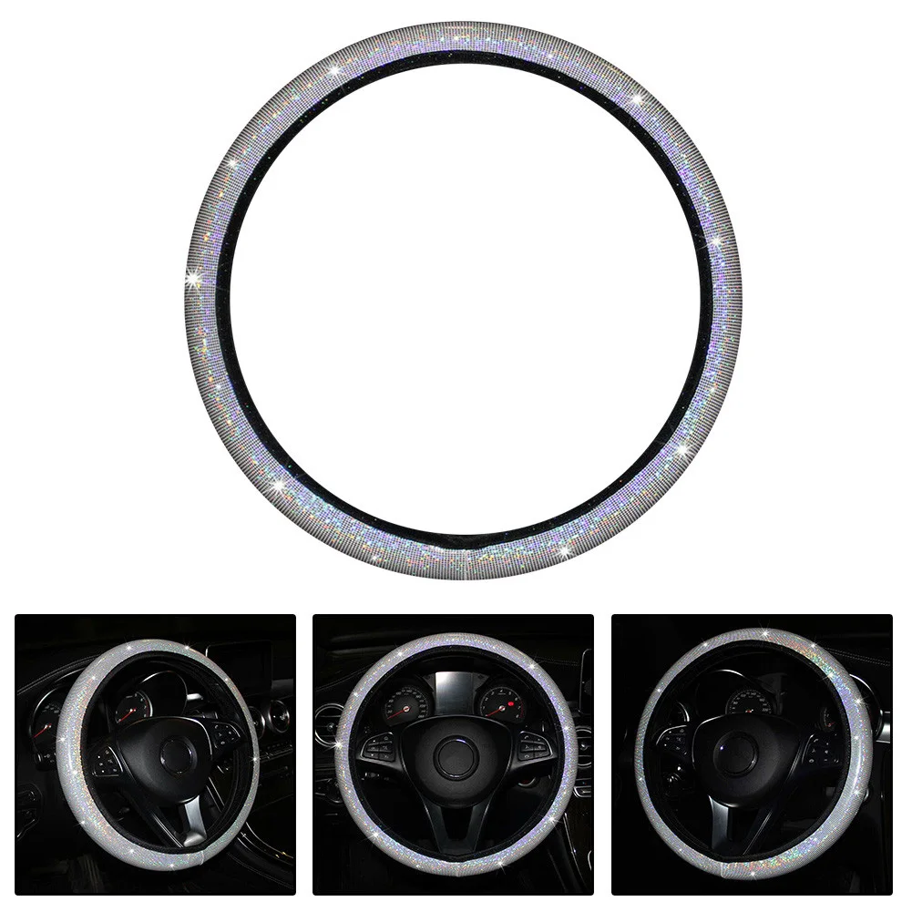 

Universal Car White Steering Wheel Cover Anti-Slip Glitter Bling PU Leather