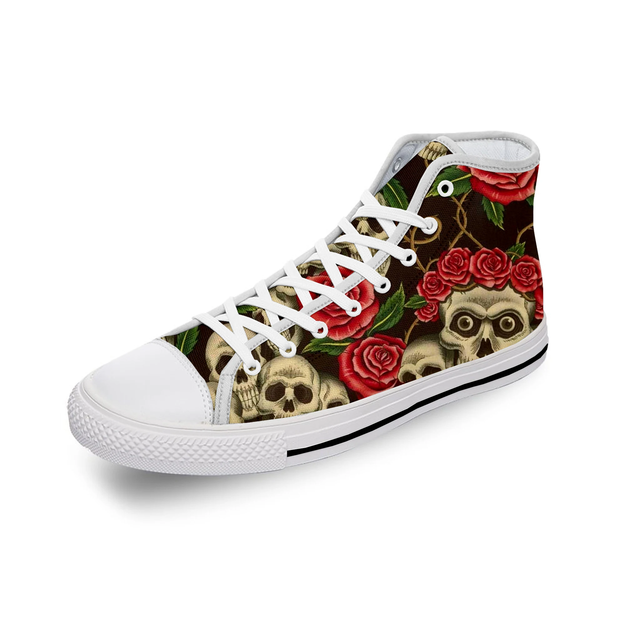

Sugar Skull Rose Flower Hot Funny White Cloth Fashion 3D Print High Top Canvas Shoes Men Women Lightweight Breathable Sneakers