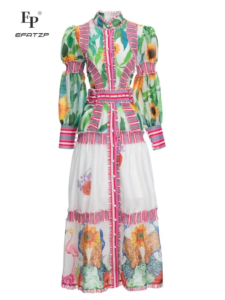 

EFATZP Long Dress High Quality New Women's Autumn Bohemian High Street Fashion Party Casual Designer Belt Print Dresses
