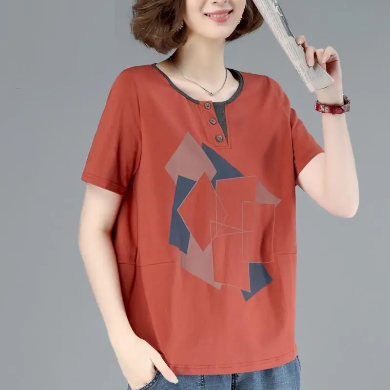 

Summer New Large Cotton Print T Shirt Tops O Neck Short Sleeve Loose Pullovers Casual Fashion Simplicity Women Clothing