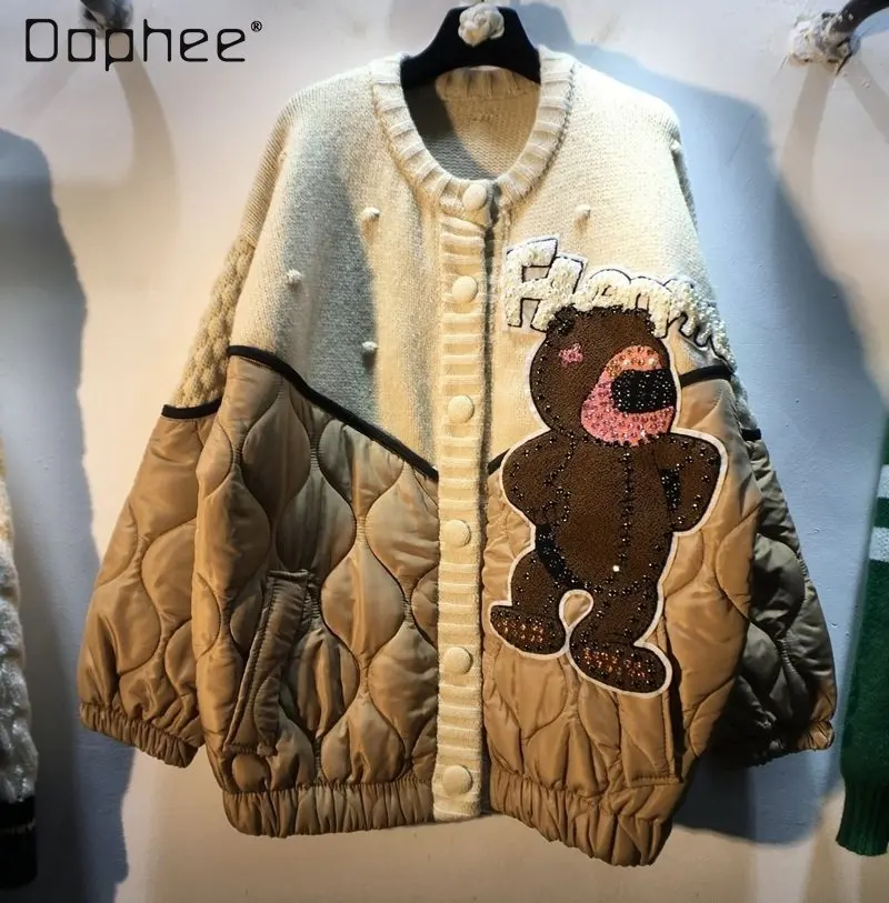 

Autumn Winter Knitted Stitching Flocking Beaded Puffer Jacket Women's Round Neck Long Sleeve Cartoon Rhinestone Sweater Cardigan