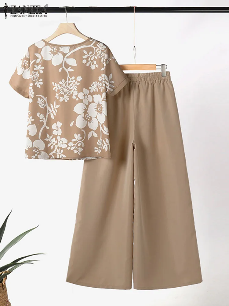 Костюм спортивный ZANZEA женский летний из блузки с коротким рукавом и широких брюк