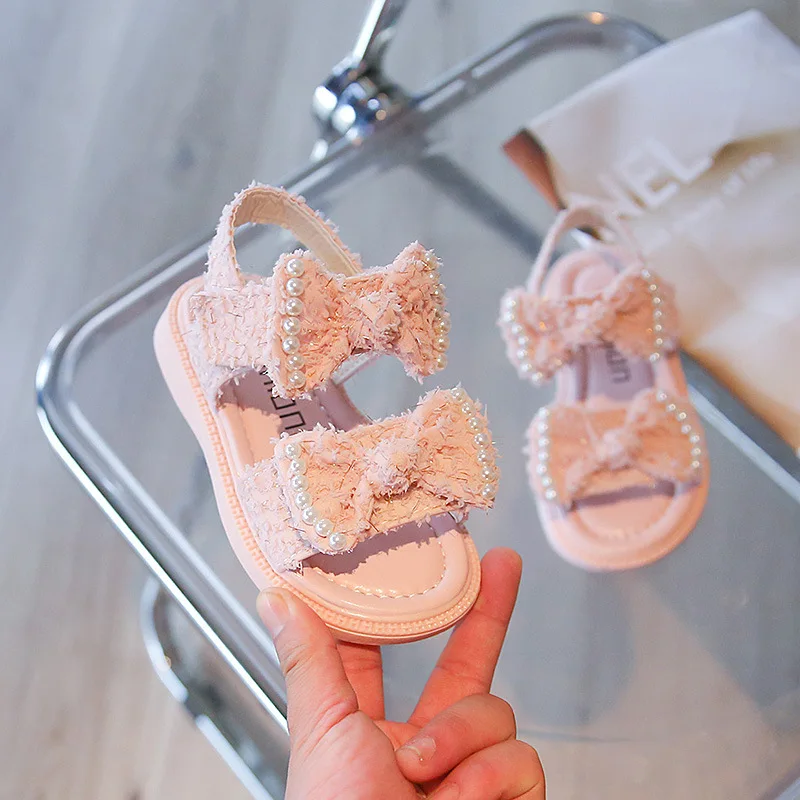 

Baby Girls Sandals 2022 Summer Bow Pearl Princess Shoes Kids Fashion Soft Non-slip Beach Solid Flats Open-toe Toddler Sandals
