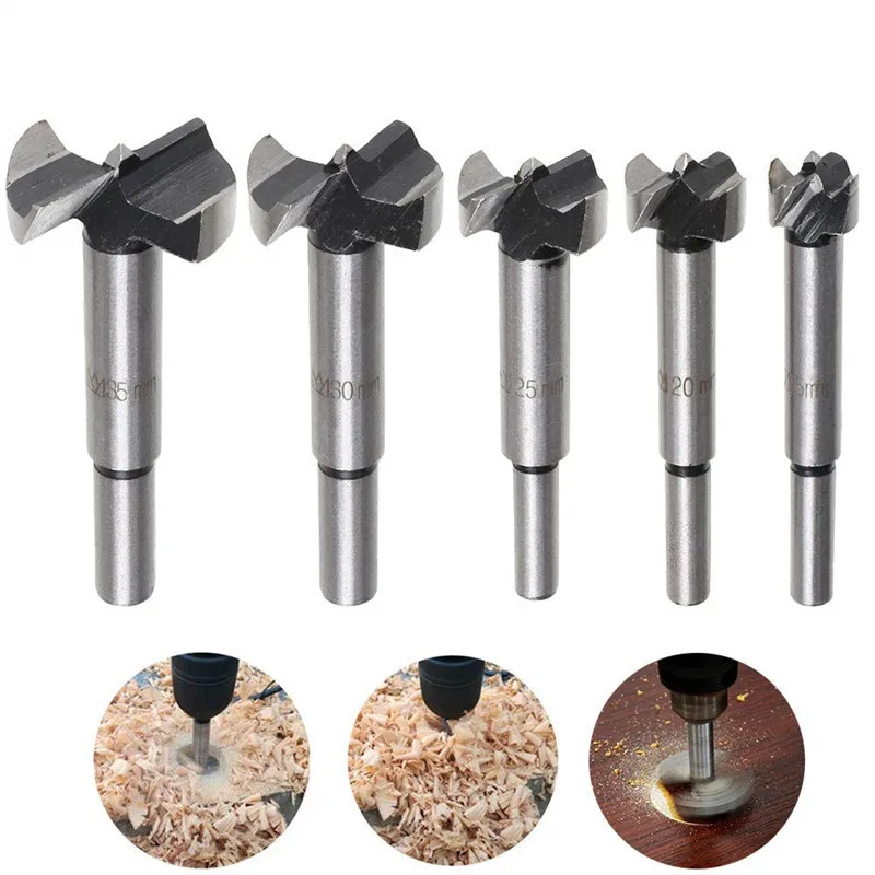 

5pcs Center Forstner Drill Bit Set Round Shank Hinge Hole Saw Cutter Cemented Carbide Drill Bit 14-48mm Wood Flat Drilling Bits