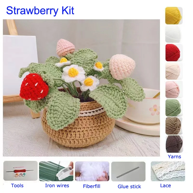 

Handmade Tulip Flowers Plant Potted Crochet Knitting Kit Wool Yarn Thread Crochet Material Kit For Women DIY Beginner Decoration