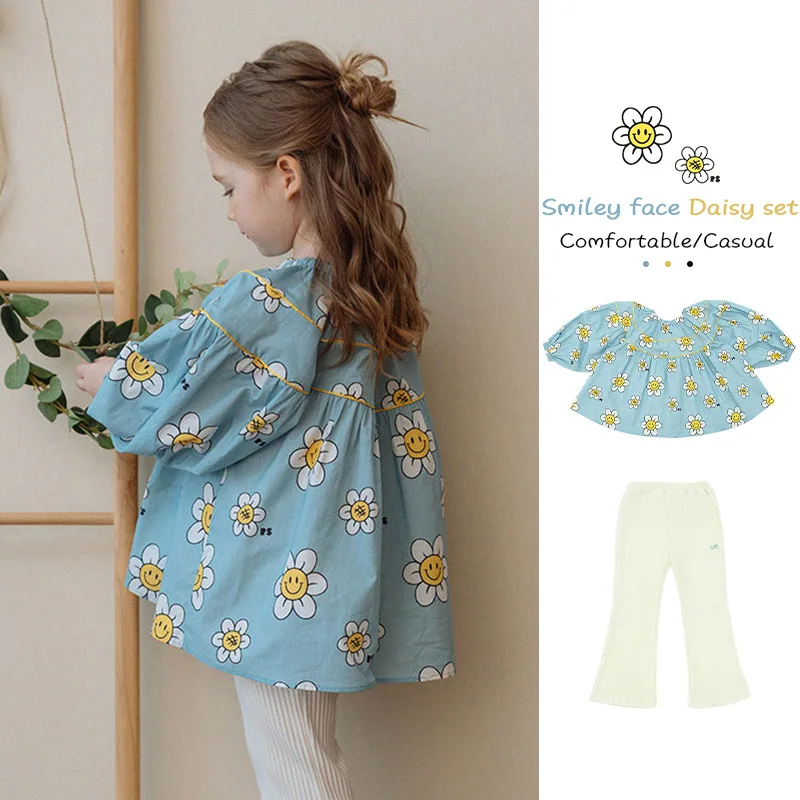 

Корейский стиль, детская одежда, рубашки и штаны, весна-лето 2023, блузка с длинным рукавом и милым принтом для маленьких девочек, детская одежда, Топ