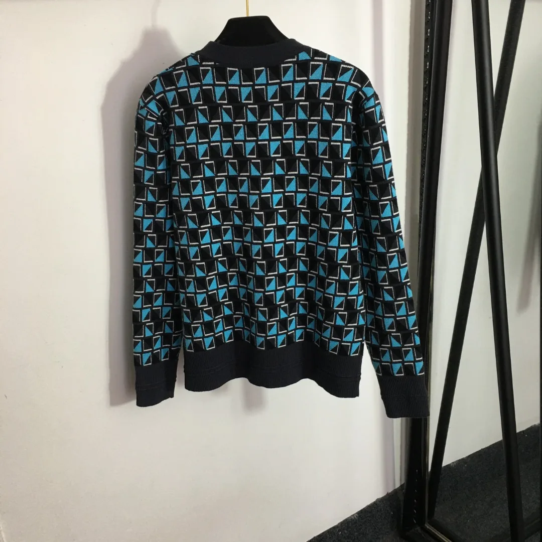 

202Autumn/Winter New Colorful Triangle Plaid V-Neck Long Sleeve Knitted Cardigan Coat