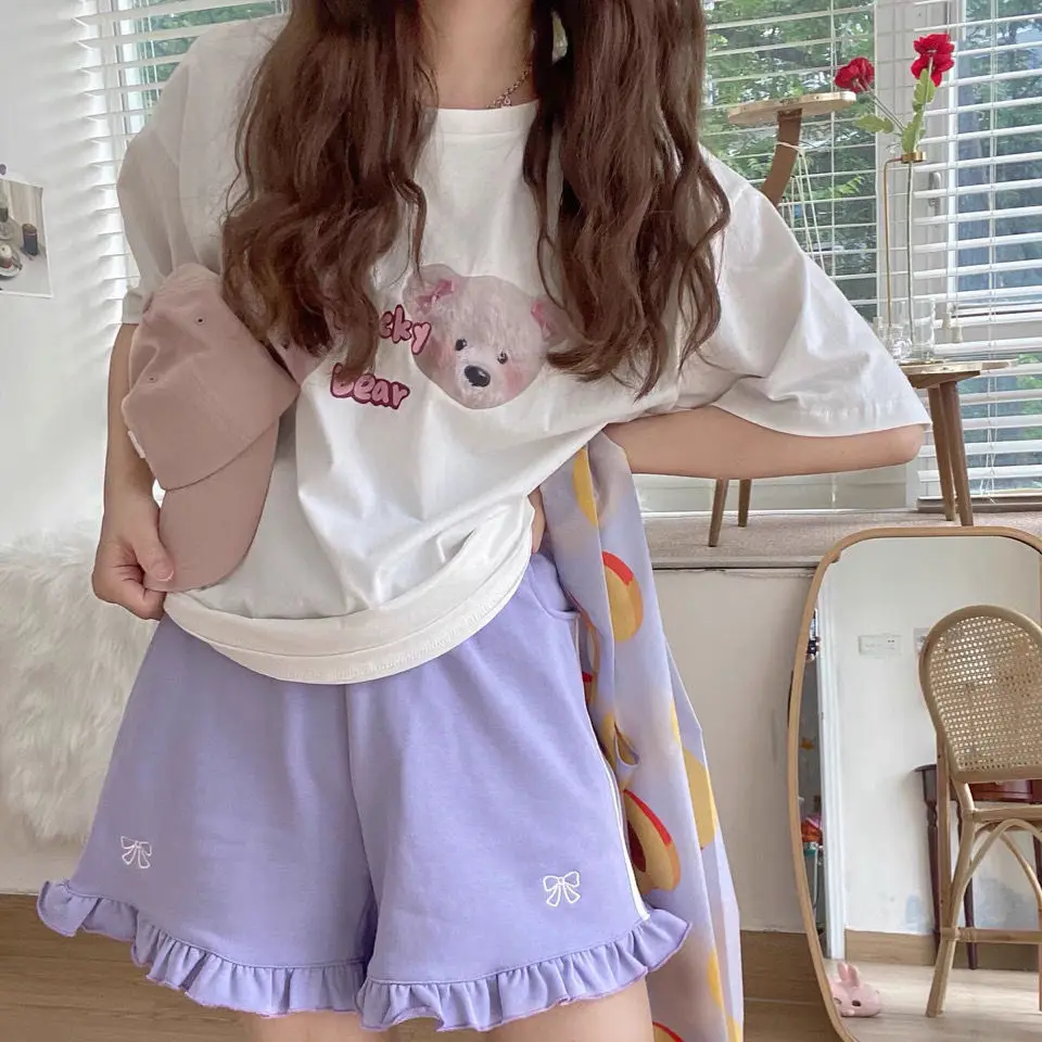Shorts Kawaii Streetwear Bow Embroidery Elastic High Waist Wide Letg Women Summer Lolita Sweet Cute Ruffle Shorts Femme