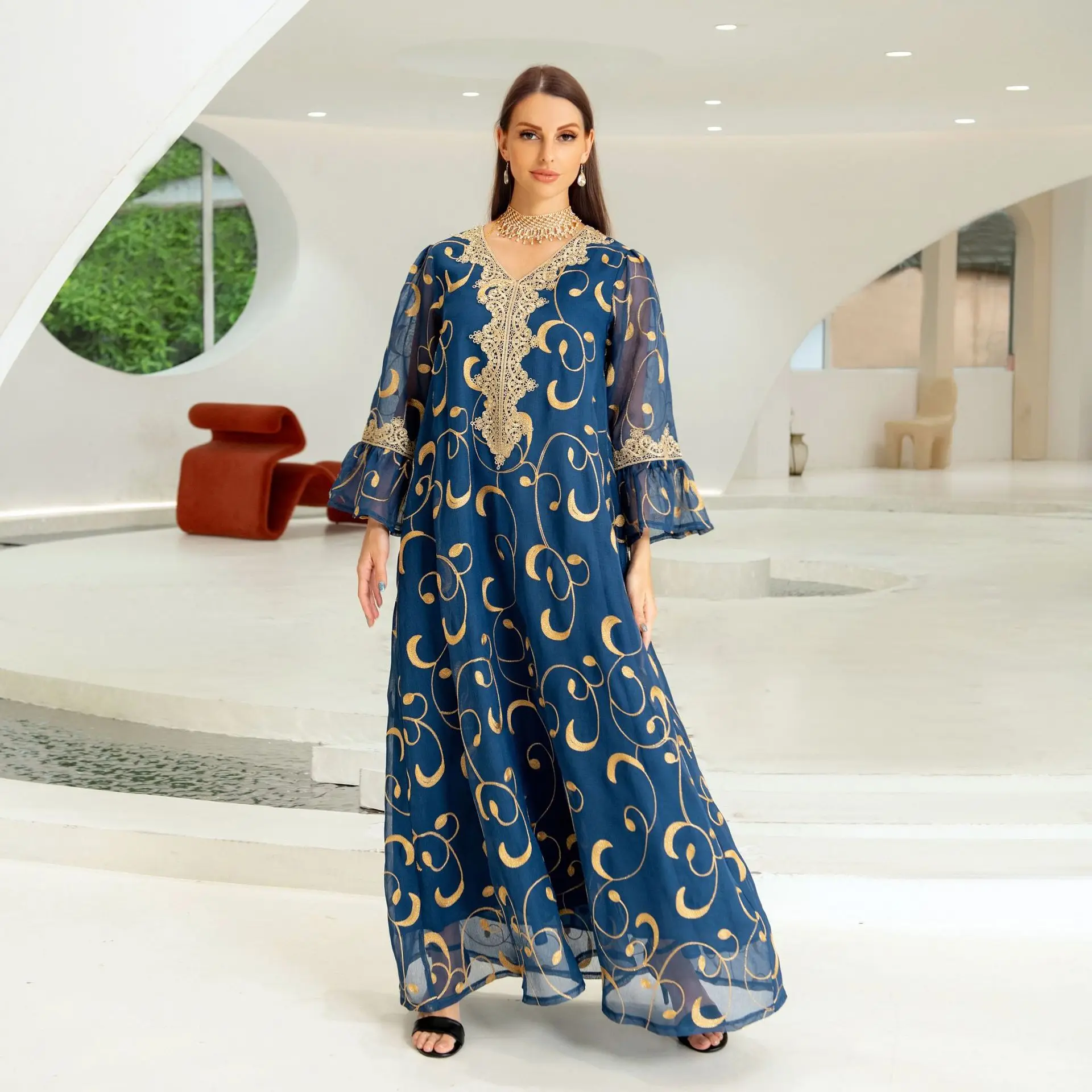 Abaya Dress for Women Mesh Sequin Embroidered Dubai Turkey Arab Oman Robe Loose  muslim dress women turkish