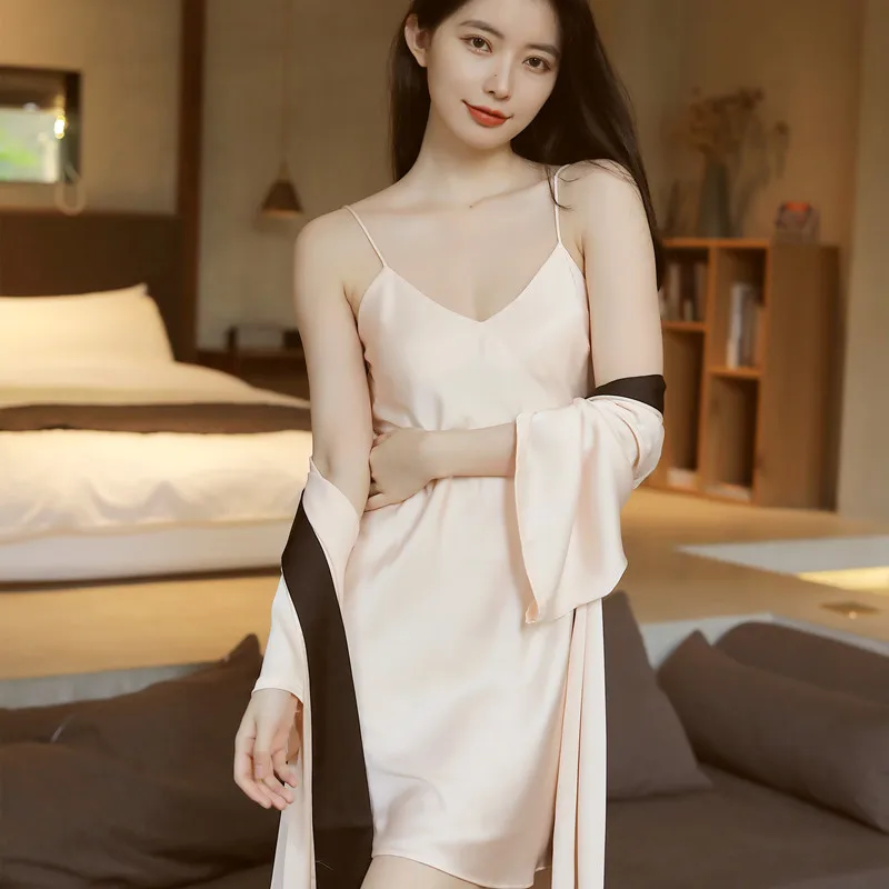Women's Dressing Gown Night Dress Negligee 2 Pieces Sets Silk Robes Nightwear Satin Sleepwear Summer Sleep Sexy Pajamas Women