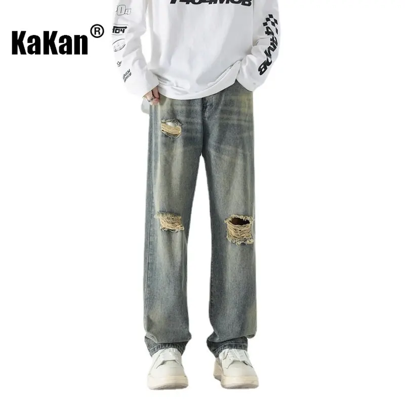 Kakan - New Washed Old Hole Jeans for Men, High Street Trendy Brand Straight Drop Versatile Long Jeans K24-JFS502