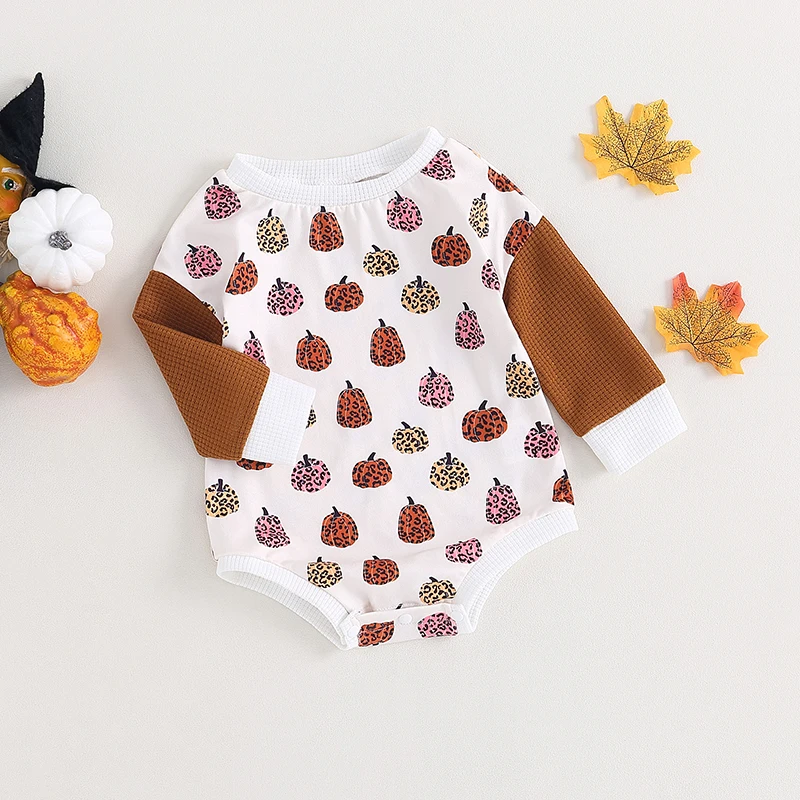 

EWODOS Baby Girls Boys Sweatshirts Bodysuit Fall Autumn Halloween Pumpkin/Ghost Print Waffle Patchwork Long Sleeve Jumpsuits