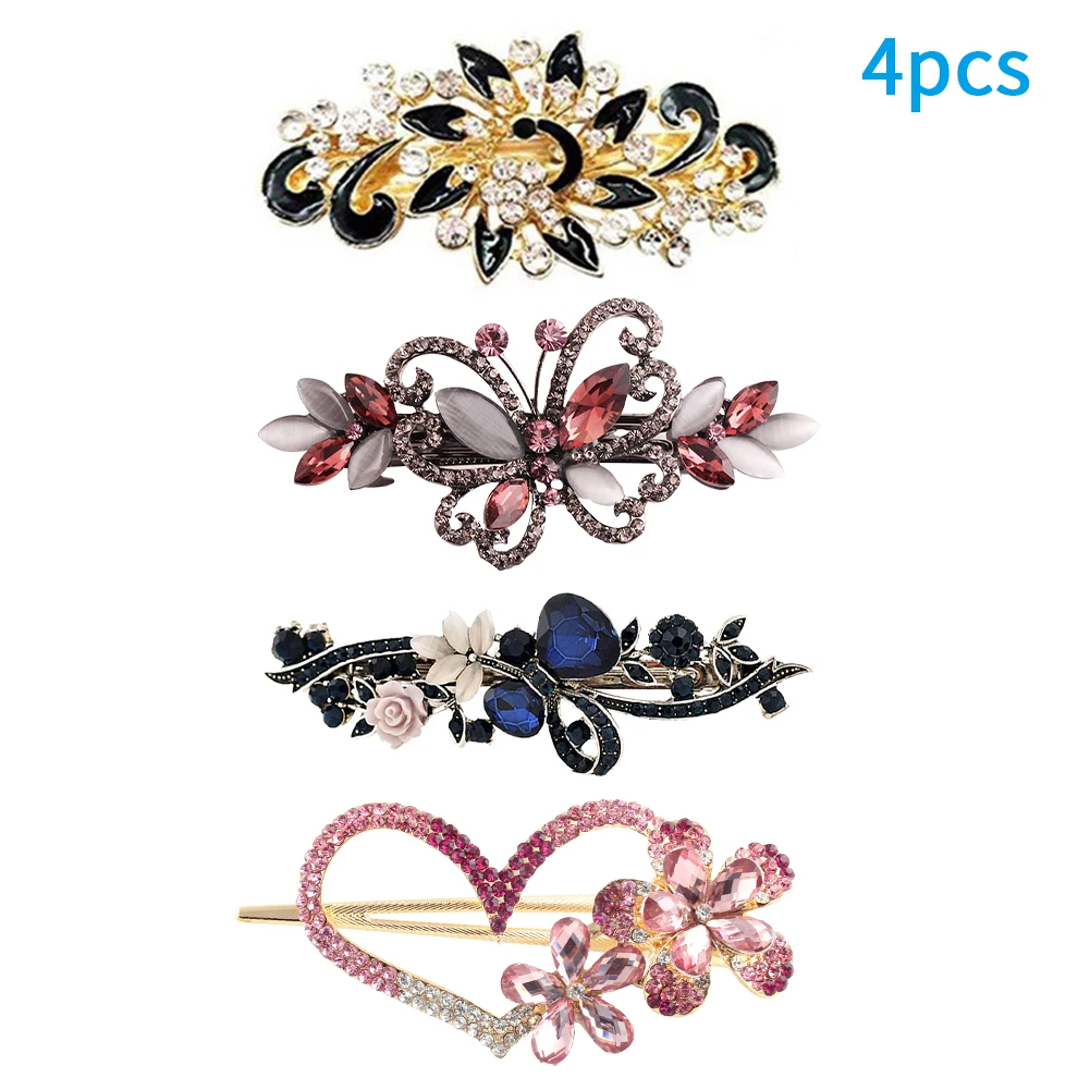 

4Pcs Women French Peacock Flower Formal Event Rhinestone Bridal Vintage Hair Clip Jewelry Crystal Barrettes Heart Butterflies