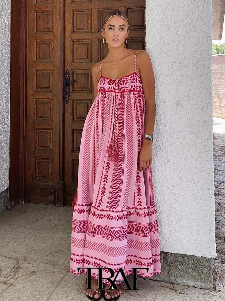 

TRAF 2023 Women Dress Fashion New Crochet Stitching Knitted midi Suspender Casual Sleeveless Dress Woman Female Dress