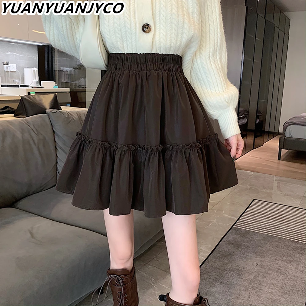 Elegante a Line Yuanyuanjyco Coreano Moda Doce Cintura Alta Curto Saia Preta Plissado Mini Saias Primavera Outono Roupas Femininas