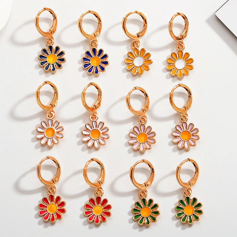 

Small Daisy Color Drop Oil Enamel Alloy Earring Pendants 2 Pairs Women's Jewelry Personality Hoop Dangle Earrings Free Shipping