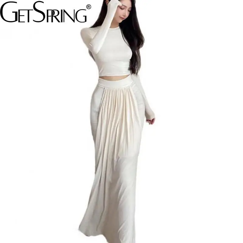 

Getspring Women Set Women T-shirt Skirt Sets Long Sleeve Short T-shirt Tops Irregular Sexy High Waist Long Skirt Two Piece Set