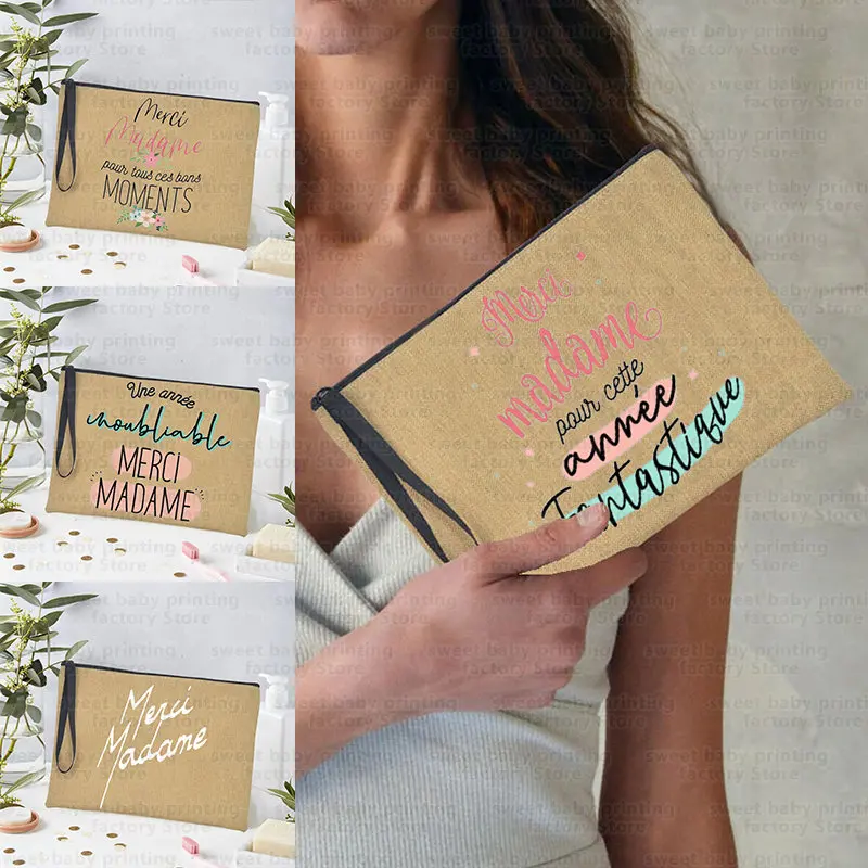 Merci Madame Print Pencil Bag Large Capacity School Stationery Supplies Storage Bags Travel Make Up Bag Year-end Gift for Madame