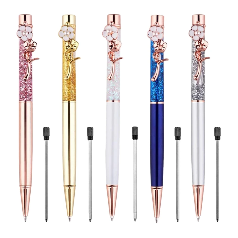 

5 Pcs Ballpoint Pens Personalized Bling Dynamic Liquid Sand Rose Gold Metal Pen Black Ink For Gift Office Decor Supplies