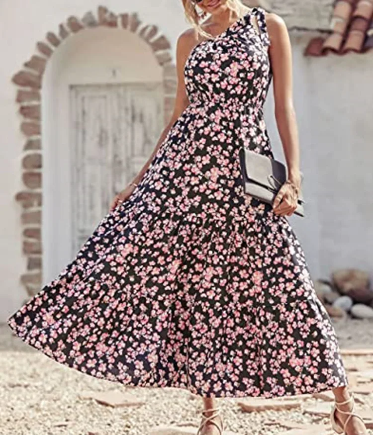 

Chunky Dunky Bohemian Floral Dress Beach Long Dress Holiday Swing Dress