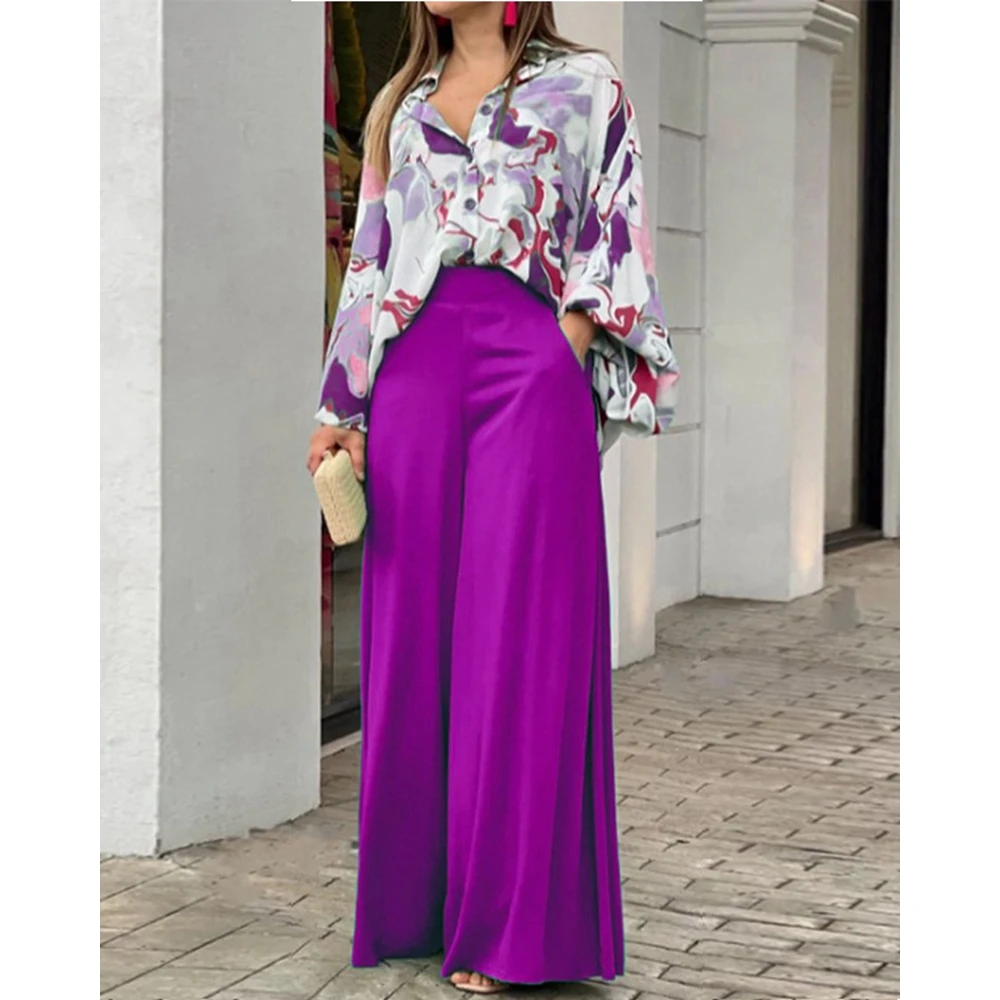 Summer Women Floral Print Long Sleeve Shirt Top & High Waist Wide Leg Pants Set Casual Oversized Two Pieces Outfits Sets Woman