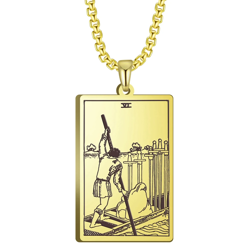 

Stainless Steel Jewelry Black Color Gold Color Steel Color 24x40mm Tarot Six Of Swords Pendant Necklace With 60cm Box Chain