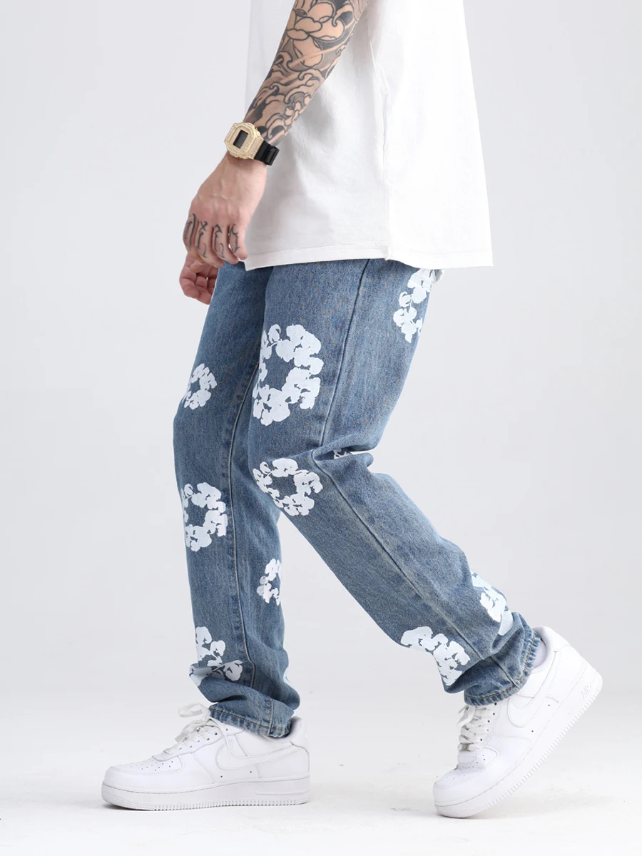 Four Seasons European Vibe Style Cotton Print Vintage Men Pencil Jeans Pants Washed Hip Hop Women Slim Kpop Denim Trousers JEANS
