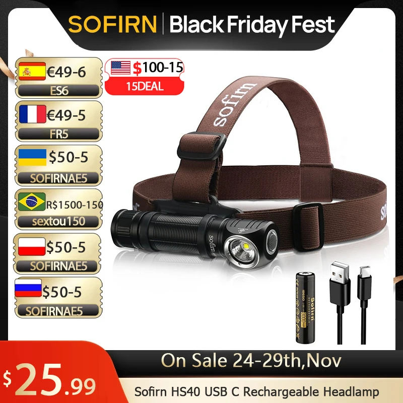Sofirn HS40 USB C Rechargeable Headlamp 18650 Super Bright SST40 LED Torch 2000lm Flashlight with 2 Modes Power Indicator
