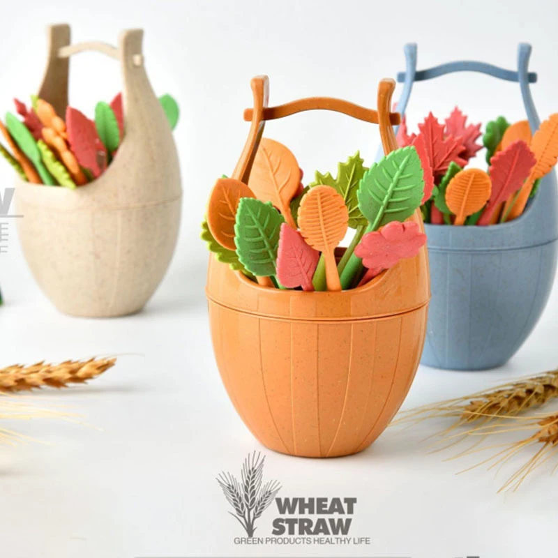 

Lovely Wooden Barrel Shape Leaf Fruit Fork Wheat Straw Wedding Birthday Party Cake Salad Dessert Fruit Forks Kitchen Supplies