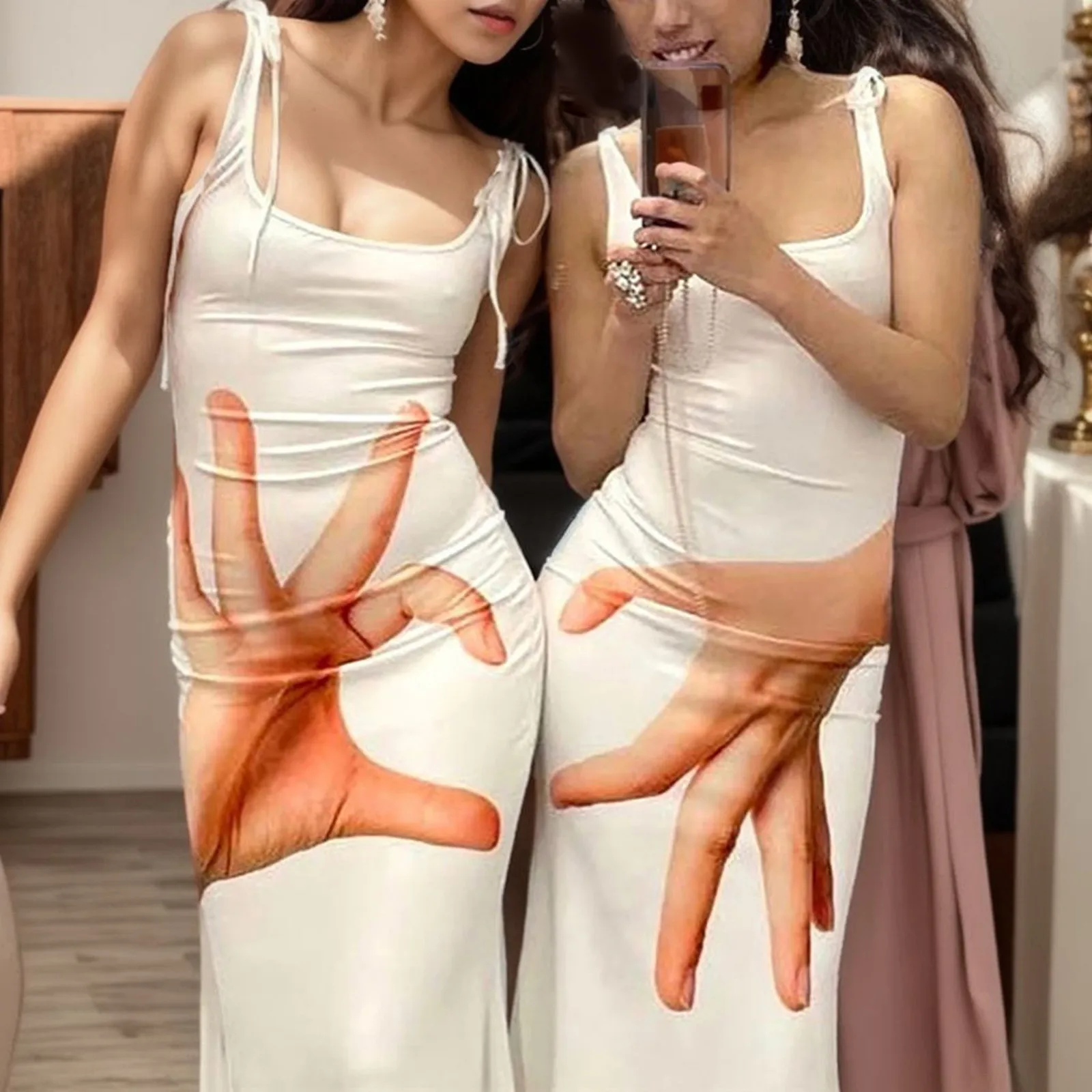 

Женское повседневное облегающее платье с длинным рукавом, модное двухстороннее Привлекательное платье с 3D принтом, открытой спиной и U-образным вырезом, с регулируемой талией