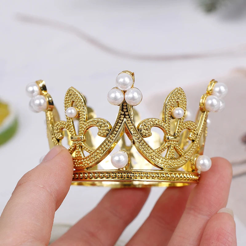 

1PC Mini Crown Cake Topper Romantic Pearl Garland Happy Birthday Children Hair Ornaments Wedding Cake Decoration Favors Party