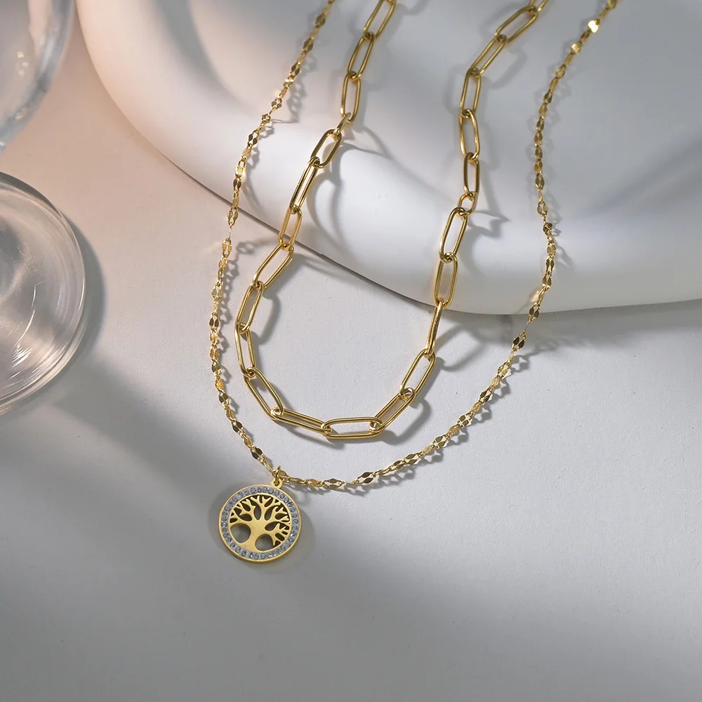 

Tree of Life Necklace for Women Stainless Steel Layered Chain Gold Color Pendant Charm Fashion Gift Jewelry