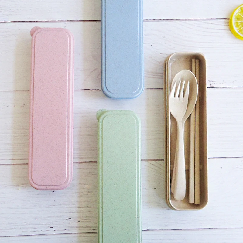 3 in 1 Spoon Fork & Chopstick Set With Organizer Box a pair of chopstick a fork and spoon Different color design Wheat straw images - 6