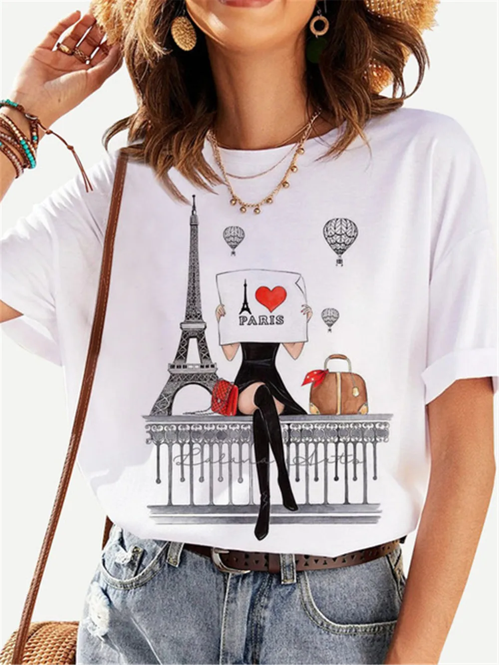 

Summer Women's T-shirt Pullover O Neck Elegant Girl 3D Printed Casual Ladies Retro New Fashion Girl's Short-sleeved Top