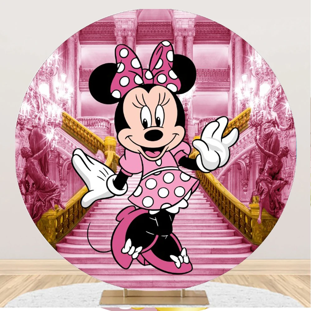 Fondo fotográfico de dibujos animados de Mickey y Minnie Mouse para recién nacido, decoración de fondo redondo de fiesta personalizable para Baby Shower, feliz cumpleaños