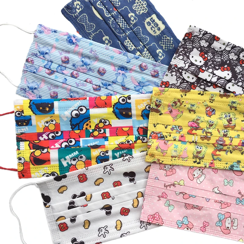 

10Pcs Children Kawaii Disposable Face Masks Cartoon Anime Kuromi Cinnamon Mymelody 3 Ply Non-Woven Fabric Earloop Facemask Gifts