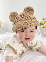 2022 korea summer baby straw hat cute bear baby bucket with ear children panama caps beach cap kids sun hat for girls boys