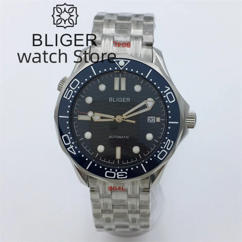 Фото BLIGER 41 мм NH35 PT5000 Автоматические мужские часы с синим волнистым циферблатом, светящийся керамический безель, водонепроницаемые механические наручные часы №1