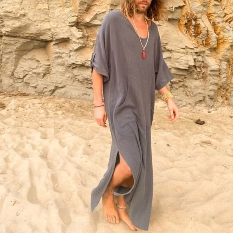 Muslim Southeast Asia New Men's Loose Solid Color V-neck Robe Men's Ethnic Style Middle East Robe Arabic Jubba Thobe