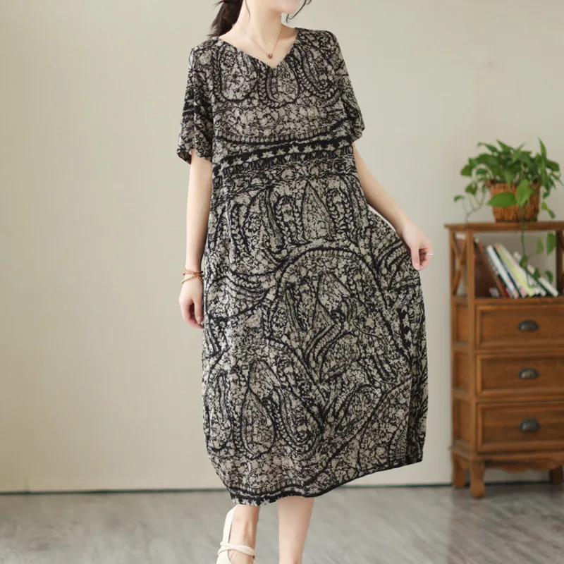 #3857 летнее платье из хлопка и льна, женское свободное платье миди с коротким рукавом, женское сексуальное черное платье-футболка с V-образным вырезом и принтом в стиле ретро