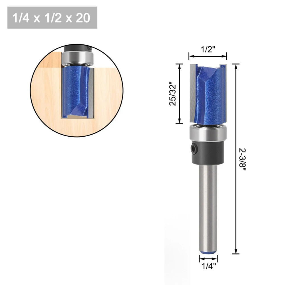 

1/4pcs Router Bit Blue Carbide 1/4inch Shank Top Bearing Flush Trim Pattern Trimming Bit Power Tool Accessories